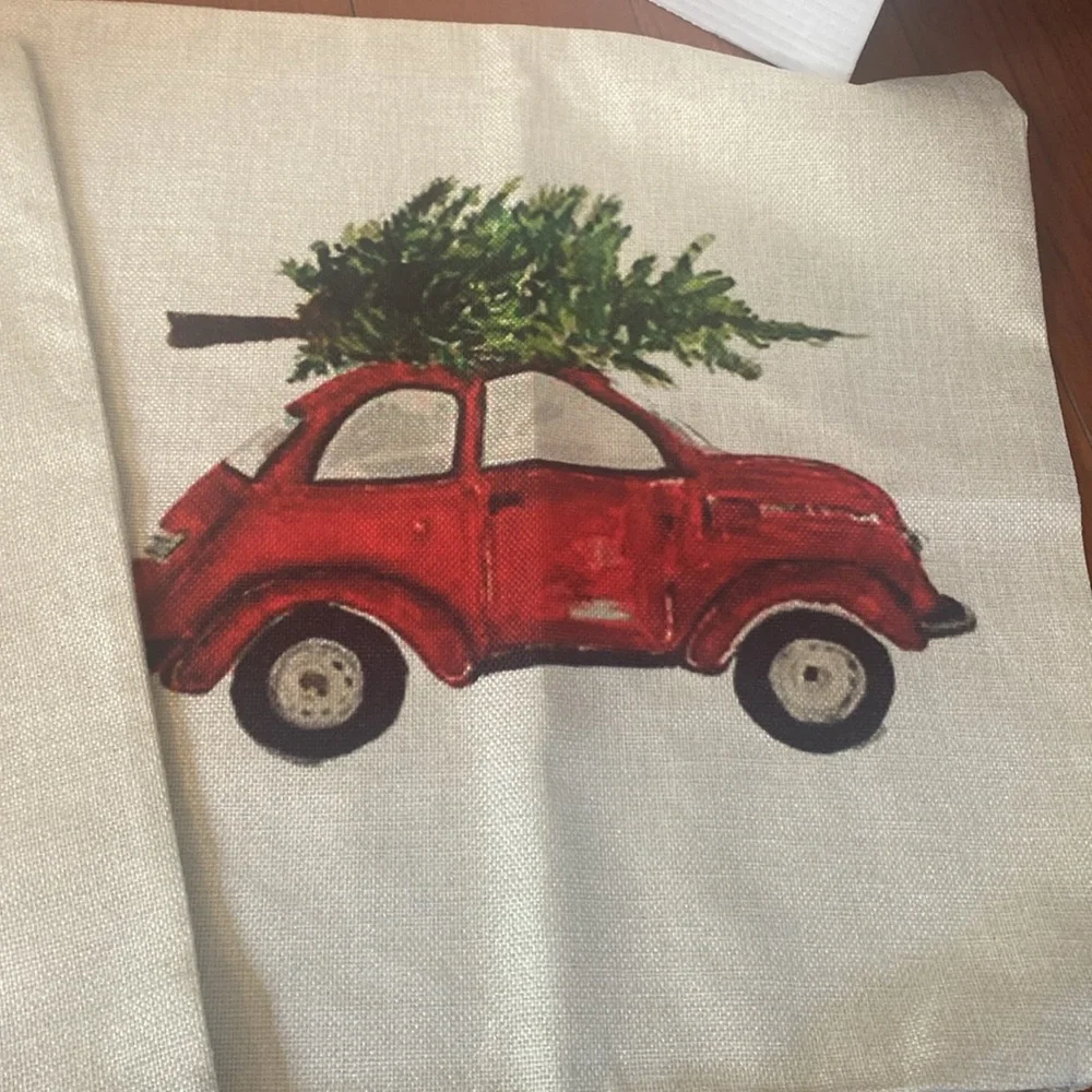 Festive Red Car Christmas Tree Holiday Pillow Covers shams 17x17”